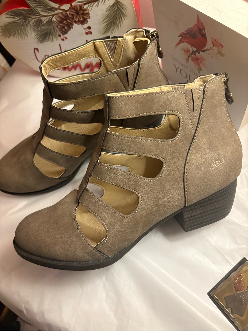 JBU Taupe Cutout Strappy Block Heel Ankle Boots